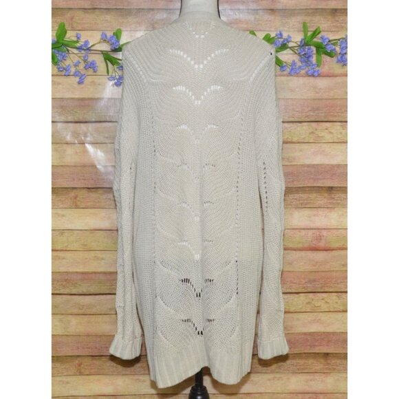 Pink Rose Oatmeal Tan Crochet Open Front Cardigan Sweater Size M Pockets Office - Picture 7 of 12